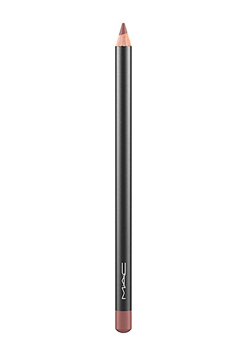 MAC lip pencil in black casing with a pointed, soft pink tip. Features a matte finish and logo on the side; cylindrical shape.