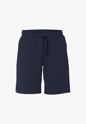 Navy blue shorts made of lightweight material. Features an elastic waistband with a drawstring and embroidered logo on the leg.