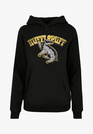 Hanorac negru cu un grafic al unui bursuc gri și galben, având textul "HUFFLEPUFF" deasupra. Include o buzunar frontal și glugă cu șnur.