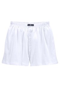 Witte katoenen boxershorts met een elastische tailleband, voorzien van een knoopsluiting en zonder patronen. De stof is soepel en licht van gewicht.