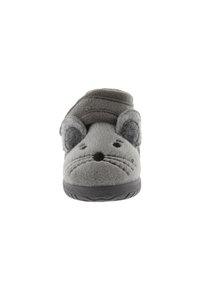 Pantofole in tessuto grigio con punta arrotondata, caratterizzate da un design a forma di topo, con orecchie, baffi e una fascia in velcro per garantire una vestibilità sicura.