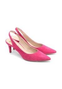 Décolleté in suede rosa con punta affilata, tacco a spillo di 5 cm e una fodera interna liscia. Design minimalista con cinturino alla caviglia regolabile.