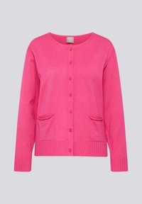 Pinkfarbener Cardigan mit rundem Ausschnitt, vorderer Knopfleiste, zwei Taschen sowie gerippten Bündchen und Saum. Hergestellt aus weichem Strickmaterial.