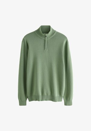 Light green pullover sweater with a ribbed high collar and a half-zipper. Soft texture and fitted cuffs at the sleeves and hem.