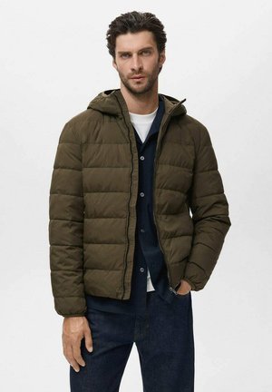 Olivgrüne Steppjacke mit Kapuze, mit gesteppten Bereichen, frontalem Reißverschluss und gerippten Bündchen. Getragen über einem dunklen Hemd mit Knöpfen.