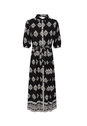 Zwarte jurk met wit gedetailleerd patroon, korte pofmouwen, kraag, riem in de taille en een mid-length zoom met decoratieve rand.