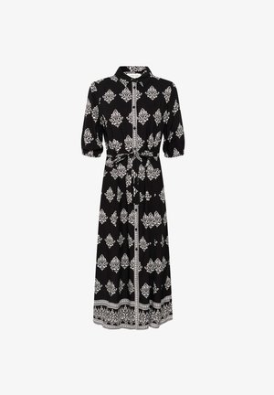 Zwarte jurk met wit gedetailleerd patroon, korte pofmouwen, kraag, riem in de taille en een mid-length zoom met decoratieve rand.