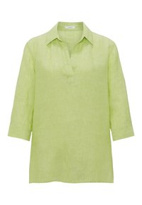 Helles grünes Leinenbluse mit einem Kragen, drei Viertel Ärmeln und einem V-Ausschnitt. Der Stoff hat ein strukturiertes, leicht zerknittertes Aussehen.