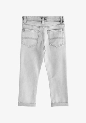 Svetlo sivi traper hlače s lagano izblijedjelim završetkom, s roliranim rubom, pet džepova i suptilnim detaljima šivanja.