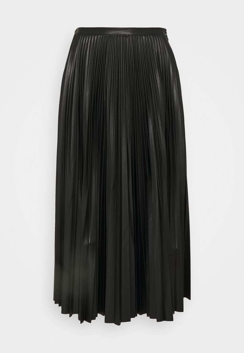 Jupe midi plissée noire à taille haute avec une ceinture lisse, fabriquée en faux cuir brillant.