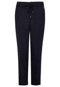 Pantaloni neri a righe con una vestibilità rilassata, dotati di un cinturino con coulisse in vita e tasche frontali. Tessuto morbido con una leggera lucentezza.