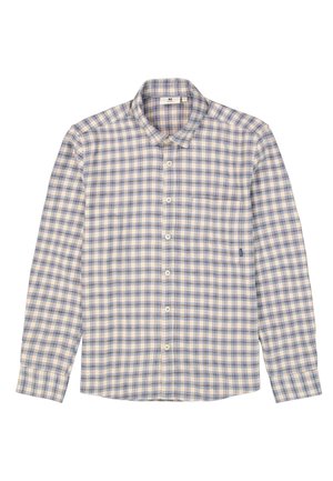 Gevlekt overhemd met lange mouwen in blauw, beige en wit; van katoen; knoopsluiting aan de voorkant; één borstzak; met kraag; zachte textuur.