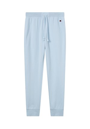 Lichtblauwe joggingbroek met elastische tailleband, trekkoord, geribbelde enkels, zijzakken en klein Champion-logo op de linkerheup.