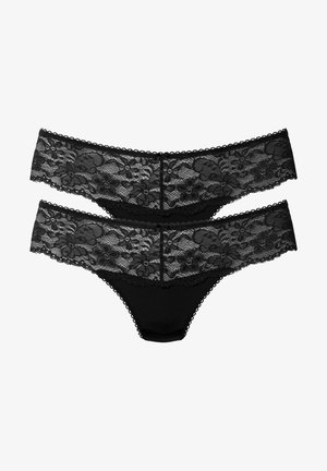 Schwarze Spitzenstring-Unterwäsche mit floralem Muster, weichem Stoff und gewelltem Saum an den Kanten. Zwei Paare sind ausgestellt.