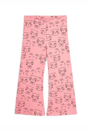 Różowe bawełniane spodnie z powtarzającym się wzorem czarnej twarzy kota z oczami, dopasowaną talią i szerokimi, rozszerzającymi się nogawkami.