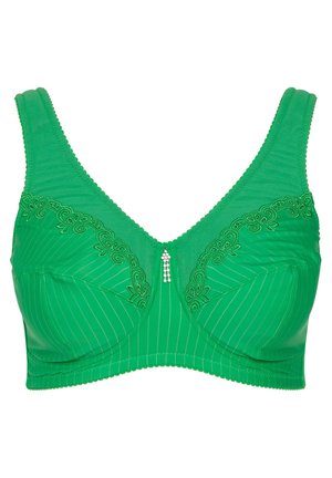 Reggiseno verde con texture a costine, dettaglio in pizzo decorativo lungo la parte superiore e un abbellimento centrale. Spalline regolabili per una vestibilità perfetta.