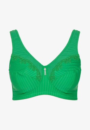 Reggiseno verde con texture a costine, dettaglio in pizzo decorativo lungo la parte superiore e un abbellimento centrale. Spalline regolabili per una vestibilità perfetta.