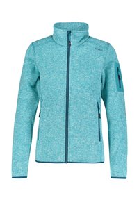 Giacca in fleece teal con colletto alto, chiusura frontale a zip, tasche laterali con zip e una tasca supplementare sulla manica. Tessuto testurizzato con un motivo a due tonalità.