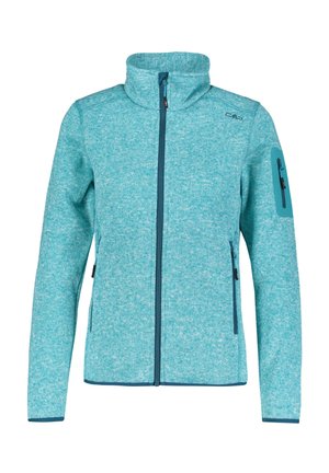 Giacca in fleece teal con colletto alto, chiusura frontale a zip, tasche laterali con zip e una tasca supplementare sulla manica. Tessuto testurizzato con un motivo a due tonalità.