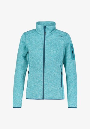 Veste en polaire turquoise avec un col haut, fermeture éclair sur le devant, poches latérales zippées et une poche supplémentaire sur le bras. Tissu texturé avec un motif bicolore.