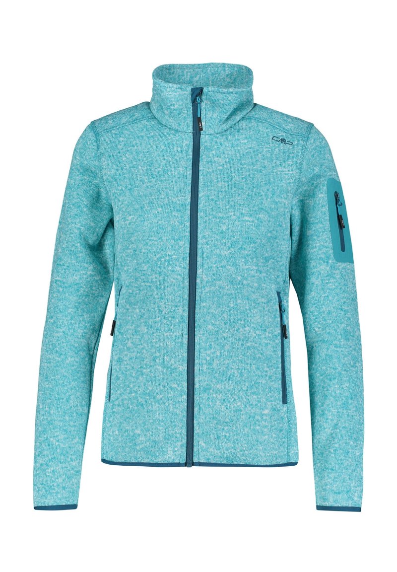 Giacca in fleece teal con colletto alto, chiusura frontale a zip, tasche laterali con zip e una tasca supplementare sulla manica. Tessuto testurizzato con un motivo a due tonalità.