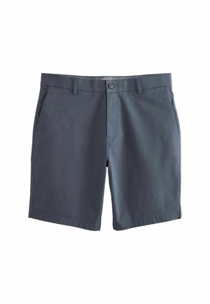 Pantalones cortos azul marino hechos de tejido ligero. Las características incluyen un cierre frontal con botón, dos bolsillos laterales y un corte limpio y recto.