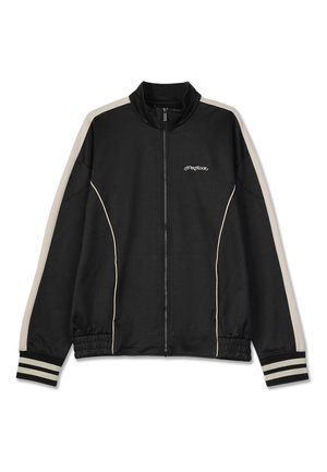 Black zip-up jacket with high collar; features cream stripes on shoulders and elastic cuffs, with subtle logo on the chest.