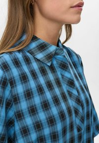 Donna con camicia a quadri blu e neri con colletto, capelli lunghi castano chiaro e orecchino a cerchio dorato, rivolta verso destra.