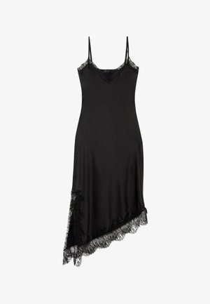 Zwarte satijnen jurk met kanten afwerking, verstelbare spaghetti bandjes, asymmetrische zoom en een gladde textuur met ingewikkelde details aan de onderkant.