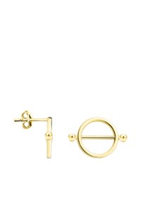 Orecchini a chiodo in tono oro con un design circolare, caratterizzati da una barra dritta e accenti sferici ai lati. Finitura liscia e lucida.