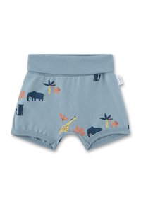 Light blue shorts made from soft fabric featuring various animal prints, including an elephant and giraffe, with an elastic waistband.