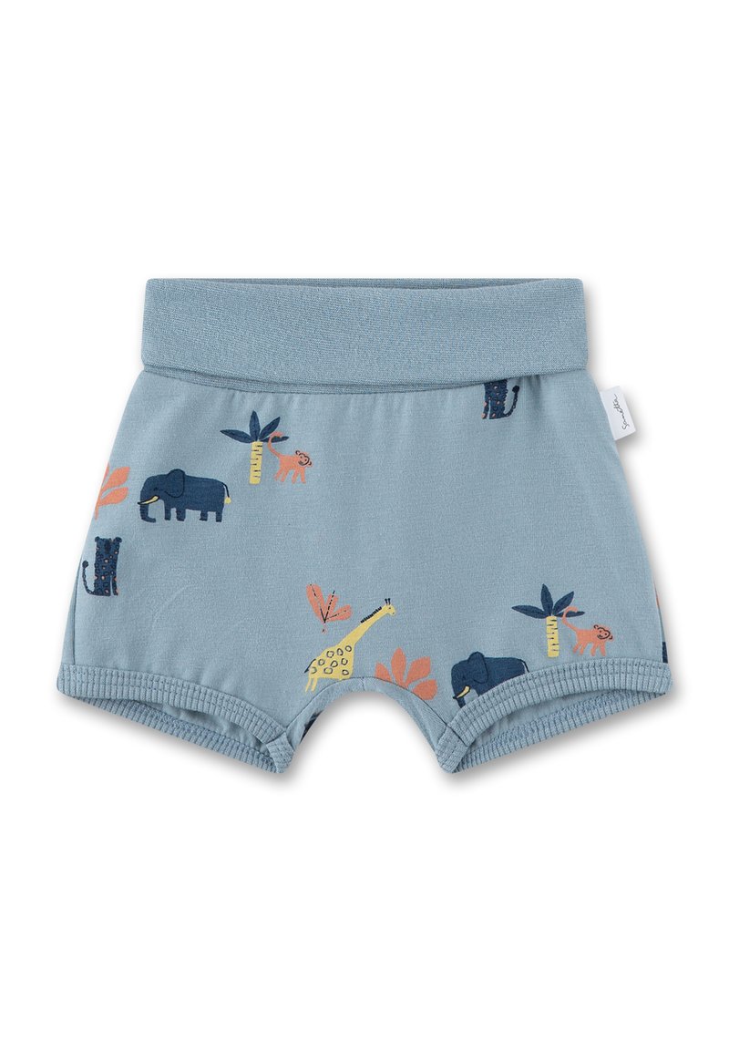 Light blue shorts made from soft fabric featuring various animal prints, including an elephant and giraffe, with an elastic waistband.