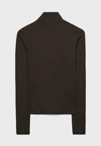 Mörkbrun långärmad polotröja med klassisk krage, med en slät textur och figursydd design, visad bakifrån.