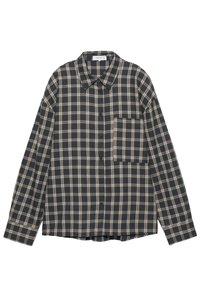 Cămașă cu nasturi, în carouri de culoare albastră închisă și bej, cu mâneci lungi, cu guler, prezintă o buzunar pe piept, realizată dintr-un material texturat.