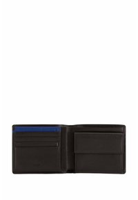 Portafoglio in pelle nera con numerose fessure per carte e un accento blu. Presenta una tasca ampia e una texture elegante e liscia.
