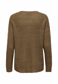 Maglione marrone lavorato a maglia con una vestibilità ampia, caratterizzato da un collo rotondo e dettagli a coste lungo le spalle e l'orlo.