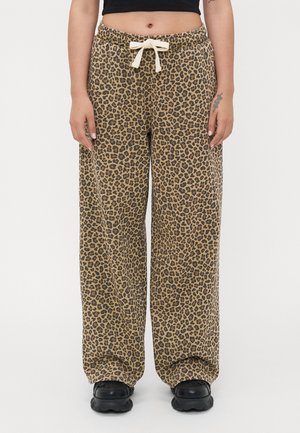 Tijgerprint sweatpants in bruin en zwart, met een trekkoord in de taille en een wijd beenontwerp; zachte stof met een ontspannen pasvorm.