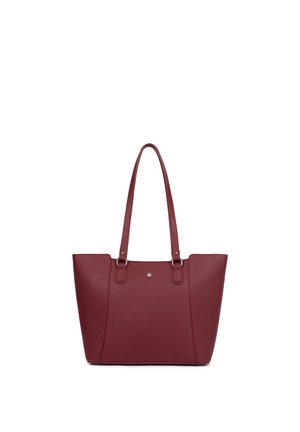 Borsa a mano in pelle rossa scura con due manici lunghi e chiusura a scatto nella parte superiore al centro.