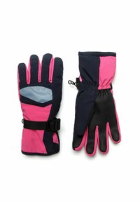 Aikuisille tarkoitetut hanskat, joissa on musta ja vaaleanpunainen väriteema. Ne on valmistettu vedenpitävästä materiaalista, jossa on teksturoitu musta kämmen ja joustava ranneke.