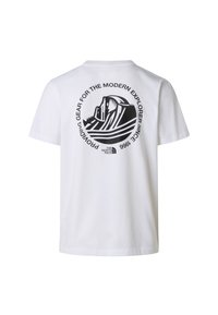 Bílé bavlněné tričko s černým grafickým motivem hor a textem na zádech. Krátké rukávy a kulatý výstřih.