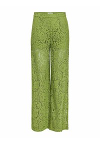 Pantalones de pierna ancha de encaje en un vibrante verde. Presentan un patrón floral con una textura transparente y una cintura cómoda para mayor facilidad de uso.