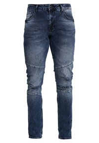 Mörkblå slim-fit jeans med slitna detaljer och knä sömsaccentueringar, med fram- och bakfickor samt knappstängning.