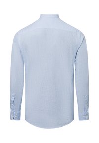 Long-sleeve shirt, light blue textured fabric, button cuffs, curved hem, back view showing collar and yoke details.