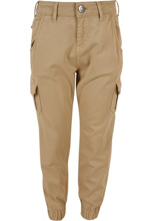 Khakifarbenes Cargo-Hose mit elastischen Bündchen, mehreren Taschen und einem glatten, strapazierfähigen Stoff. Mit Knopfverschluss und Gürtelschlaufen.