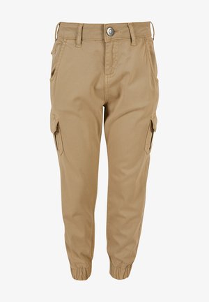 Pantaloni cargo khaki cu manșete elastice, multiple buzunare și un material neted, durabil. Prezintă o închidere cu nasture și bucle pentru curea.