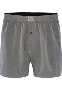 Šedé boxerky s vertikálními bílými pruhy a červeným knoflíkem vpředu. Vyrobeno z měkké tkaniny s elastickým pásem.