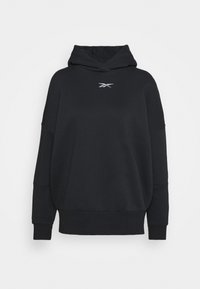 Sweatshirt à capuche noir avec une coupe décontractée, des poignets côtelés et un logo brodé en argent sur la poitrine. Tissu doux au toucher.