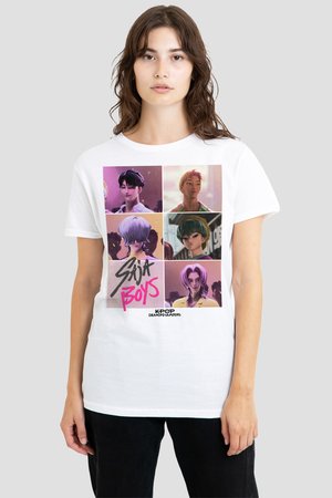 White T-shirt with six illustrated male faces arranged in a grid, labeled "SKA BOYS" and "K-POP DEMON HUNTERS" at the bottom.