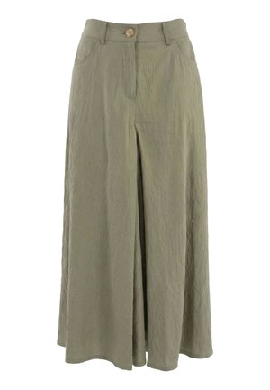 Pantalones de pierna ancha y talle alto en verde oliva con cierre frontal de botones, trabillas para cinturón y bolsillos laterales, hechos de tela texturizada.