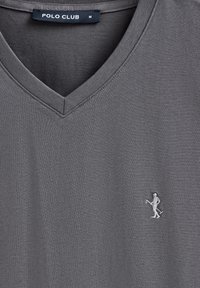Camiseta gris de cuello en V, fabricada con tejido suave, que presenta un sutil logo bordado en el lado izquierdo del pecho. La etiqueta dice "POLO CLUB", tamaño M.